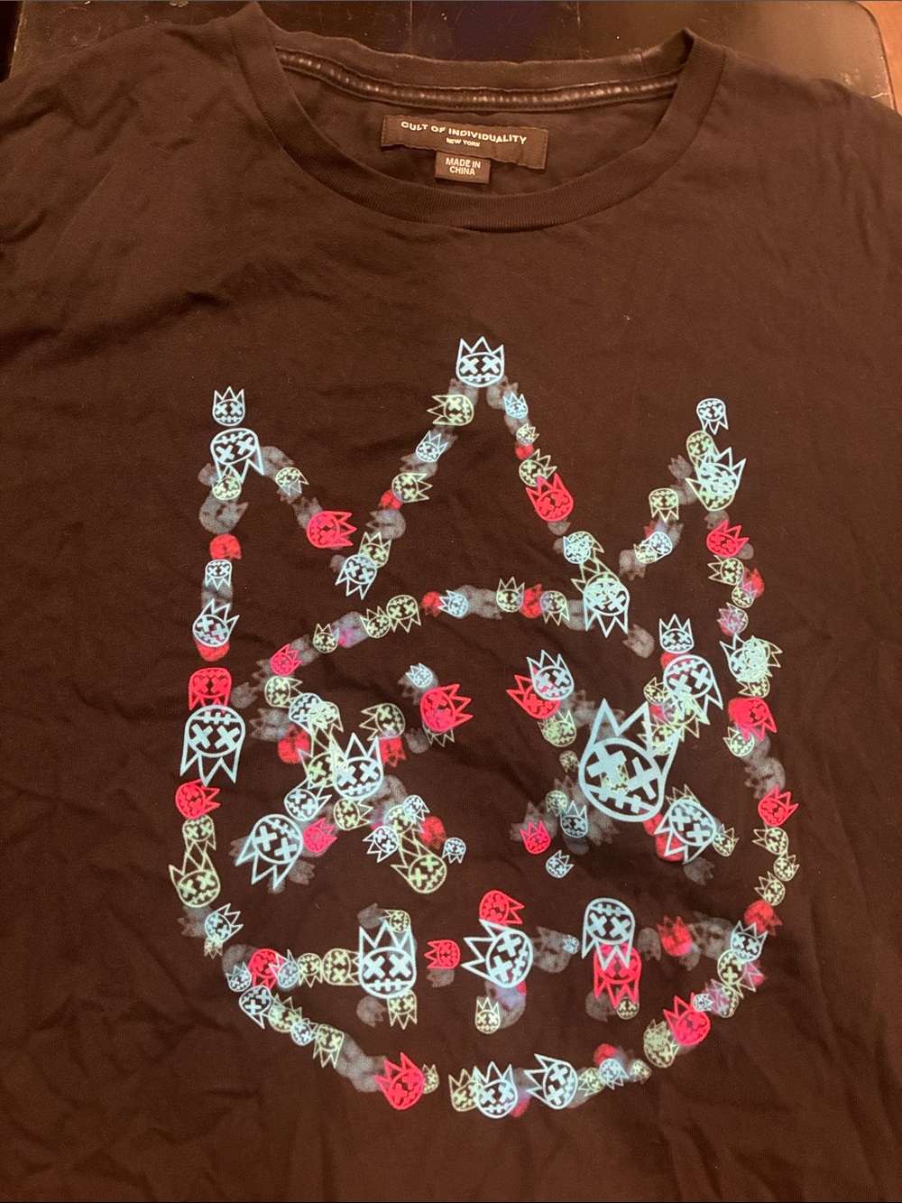Cult of Individuality Black Tee with Neon Cat Chain Graphic